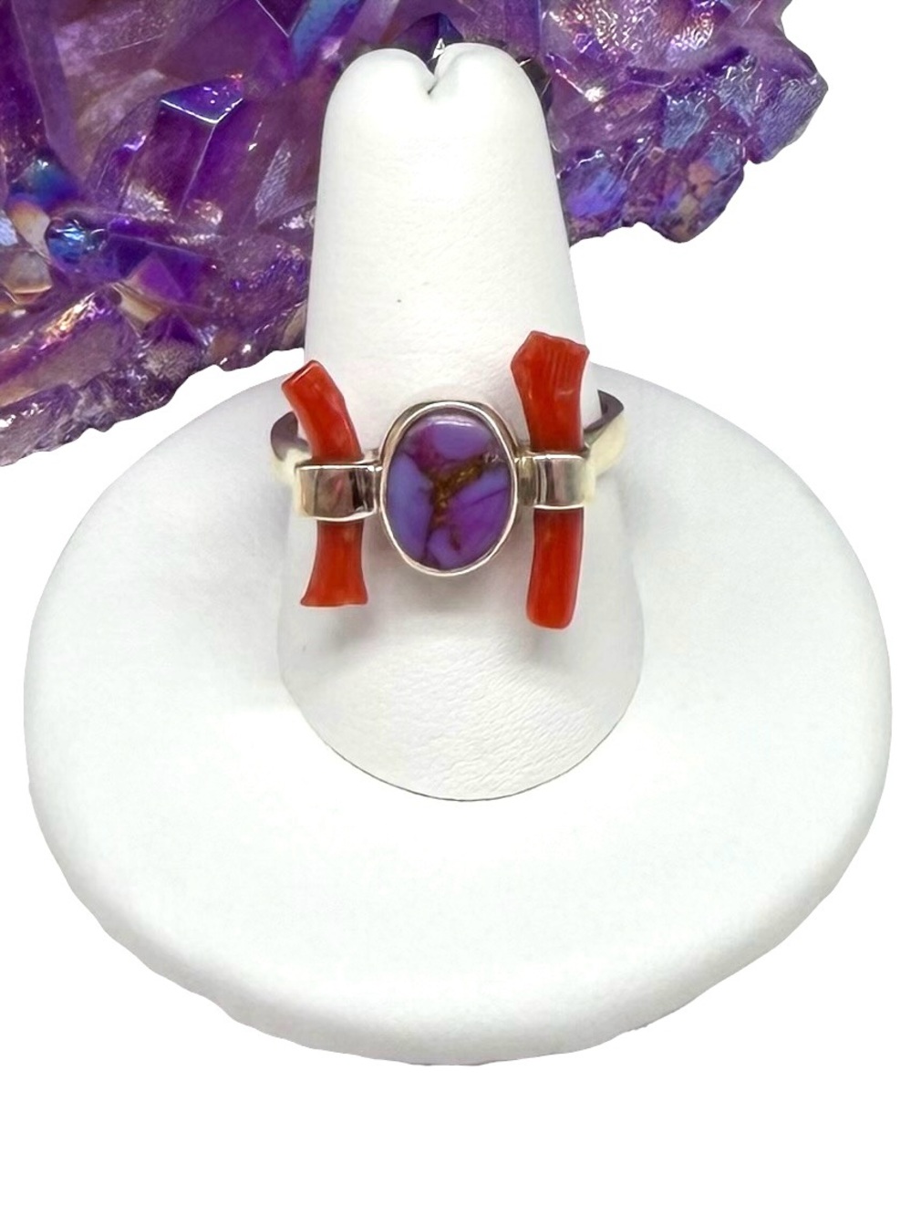 Kingman Purple Copper Turquoise & Coral Ring Size 8.5 Solid 925 Sterling Silver